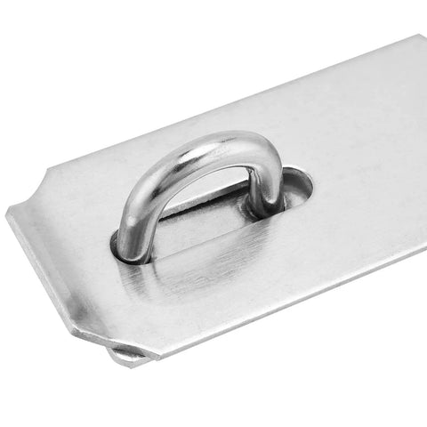 Close-up of stainless steel padlock hasp latch, showing heavy duty security hasp with round loop and smooth surface.