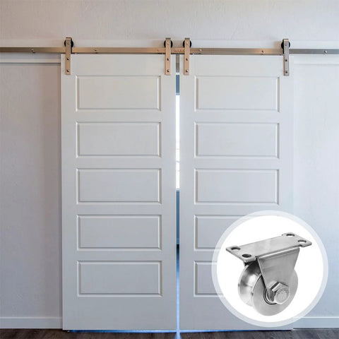 Heavy Duty Sliding Door Rollers With Double Bearings U Groove Track Wheels Stainless Steel Easy Install Triangular Bracket Pulley System For Cabinets And Gates Durable Smooth Operation No Wobble shown installed on white doors