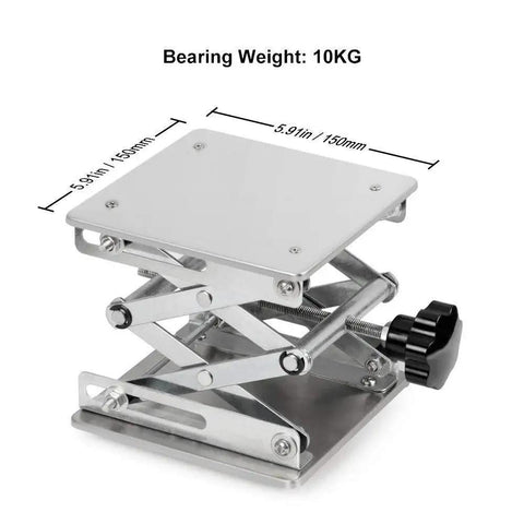 6x6 Inch Lab Scissor Jack, Stainless Steel Lift Stand, 75-260mm, 10kg, side view showing adjustment knob