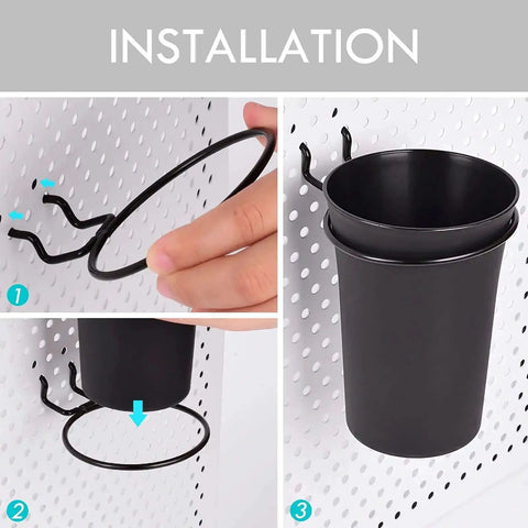 Installation of Six Pack Pegboard Cups With Loops For Pegboard Organization Cup Holders Black Durable Plastic For Garage Workshop