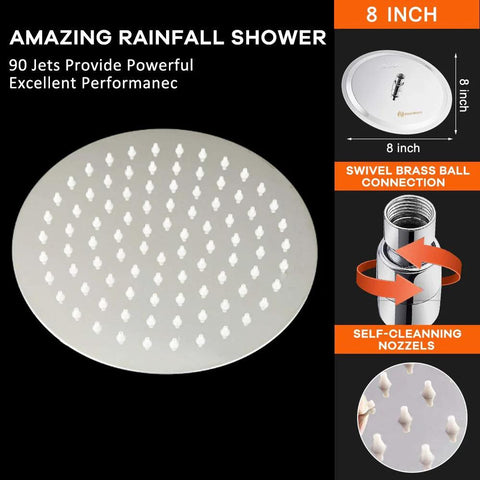 Shower head, 8-inch chrome rainfall style with stainless finish and numerous nozzles, front view.