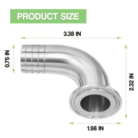 Stainless steel sanitary hose elbow 90°, 3/4 in barb, 1.5 in tri-clamp ferrule, SS304 with clamp