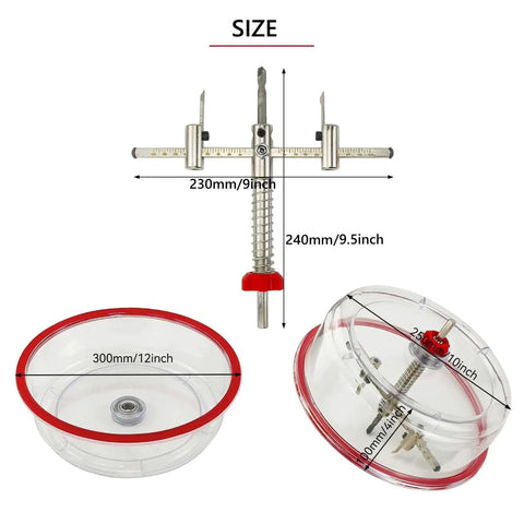 Adjustable Hole Saw Cutter Kit From One And Five Eighths Inch To Eight Inch With ABS Dust Cover, showing size dimensions.