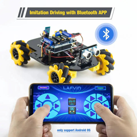 4WD Mecanum Robot Car Kit for DIY Projects with Arduino IDE Compatibility and App Control, featuring Bluetooth app control.