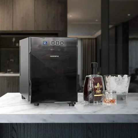 Beefy 100 Count Cabinet With Heating And Cooling Temperature Control System in modern kitchen, next to drinks and ice glasses.
