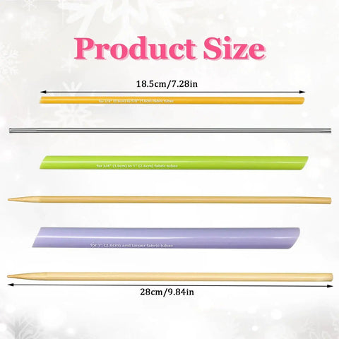 Quick Turn Fabric Set For Sewing Tubes, 3 Piece Assorted Size Tube Turners Made Of Wood Plastic And Metal, dimensions shown