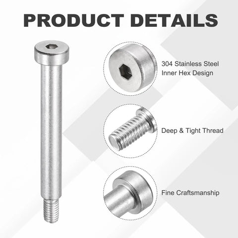 Diagram of Two Pack 304 Stainless Steel Hex Socket Shoulder Bolts, 8mm Shoulder Diameter, 60mm Shoulder Length, M6x1 Thread features