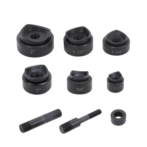 Hydraulic Knockout Punch Kit 8 Ton Conduit Hole Cutter Set With 6 Dies for metal sheet panel, showing die sizes from 1/2 in to 2 in