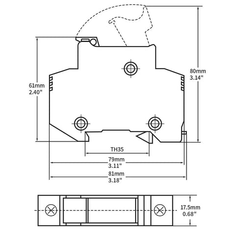 Technical diagram of 5-Pack Solar PV DIN Rail Fuse Holder 1 Pole 30A 1000VDC And 32A 690VAC High-Voltage Rated RT18-32 dimensions