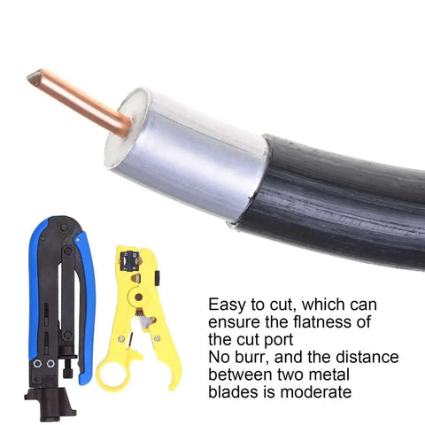 Professional Stripping And Crimping Pliers Set For Coaxial Cables RG59 RG6 RG11 with visible coax cable and adjustable tools