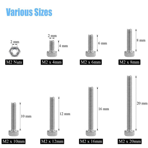 310 Piece Stainless Steel 304 Hex Socket Head Cap Bolts Screws Nuts Kit With Allen Wrench M2 M4 M6 M8 M10 M12 M16 M20 For DIY Projects Robotics And Mechanical Fasteners showing various bolt sizes M2 x 4mm to M2 x 20mm