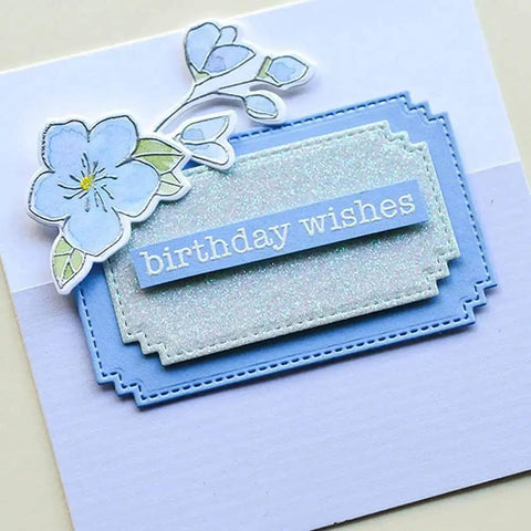 Greeting card featuring blue stitched nesting frames from 7 Piece Rectangle Frame Die Cut Set With Stitched Nesting Frames For DIY Scrapbooking
