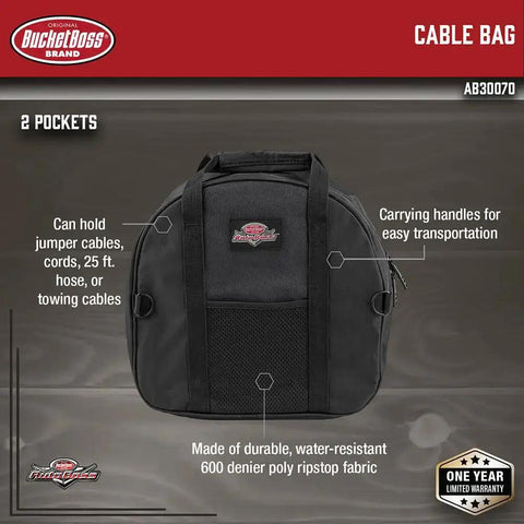Auto Boss Cable Bag For Jumper Cables And Cords, 600 Denier Ripstop Water Resistant Fabric, with Handles and Pockets, Made In USA