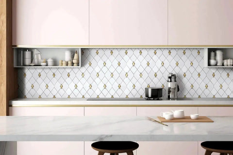 Thassos White Marble And Gold Glass Diamond Mosaic Tile 3 By 3.5 Inch Waterjet Cut Polished Wall Tile in kitchen