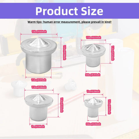 Four sizes of chrome-plated steel dowel center pins on a sizing chart; 48 Piece Dowel Center Pins Set Must Have For Woodworking