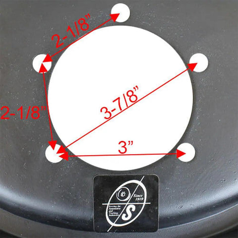 Front view of white Southwest Wheel hub cap with measurement arrows and S-logo brand sticker