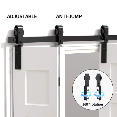 Double Bifold Sliding Barn Door Hardware Kit For Closet Doors, 48 Inch, Top Mount Track System with smooth rollers shown installed