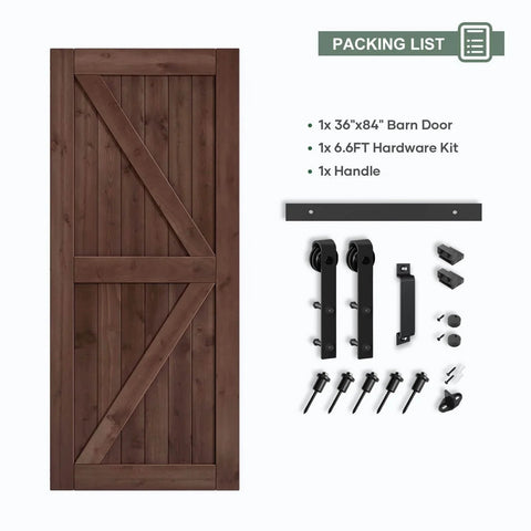 36x84 Inch Spruce Solid Wood Sliding Barn Door Slab In Coffee Finish With 6.6ft Hardware Kit And Handle K Shape Easy DIY Assembly Durable Craftsmanship Featuring Clear Wood Grain For Home Renovation And Modern Interiors