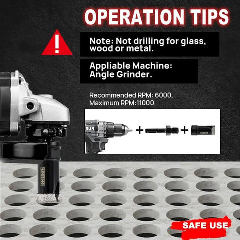 Tile Hole Saw Kit Pro Grade Diamond Core Drill Bits Set with angle grinder for tile, marble, and granite drilling.