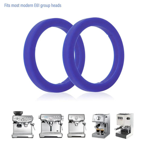 Blue E61 8.5mm Silicone Gasket For Espresso Machines, Food Grade Odorless Silicone, front view with displayed espresso machines.