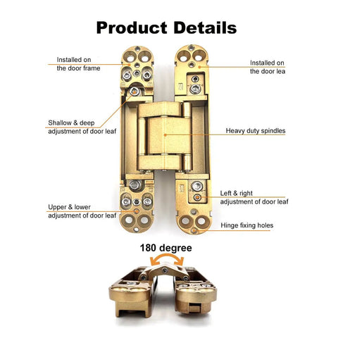Product details of Hidden 6 Inch 3 Way Adjustable Concealed Door Hinges Set Of 2 In Zinc Alloy With 180 Degree Swing