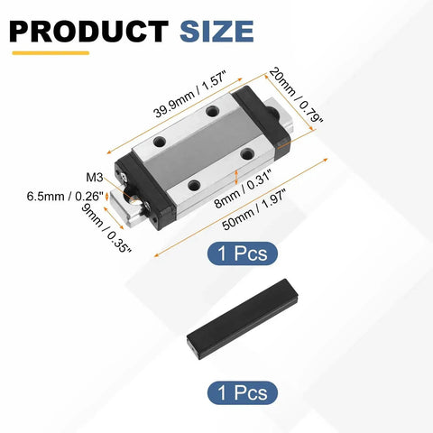 50Mm Linear Guide Rail With MGN9H Carriage Block dimensions and parts, ideal for tiny CNC machines and 3D printers, shown with 1 piece.