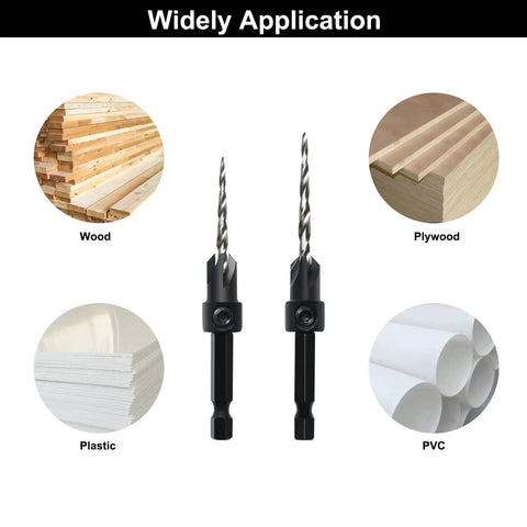 Image showing Two drill bits from Three Piece Countersink Drill Bit Set For Woodworking And Carpentry with M2 HSS Tapered Bits And Four Flute Countersink Cutter One Quarter Inch Hex Shank Quick Change