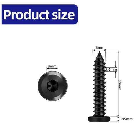 50-Piece M5 X 30mm Black Self-Tapping Screws, 304 Stainless Steel Flat Head Hex Socket Cap Screws With Drive Bit, dimensions shown