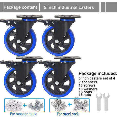 5 Inch Caster Wheels Set Of 4 Heavy Duty With Dual Locking Brakes And Quiet Polyurethane Foam Wheels with hardware kits shown