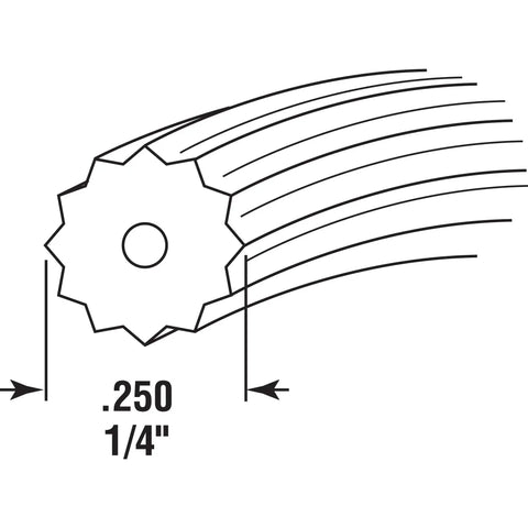 Diagram of 1/4-Inch Black Vinyl Spline Roll, 250 Ft Hollow Core, showing diameter and 32-point extruded spline for window screen installation.