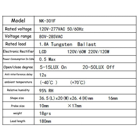 Technical specifications for Dusk To Dawn Photoelectric Sensor Switch For Outdoor Lighting, Flush Mount Photocell 120-277V, 2 Pack