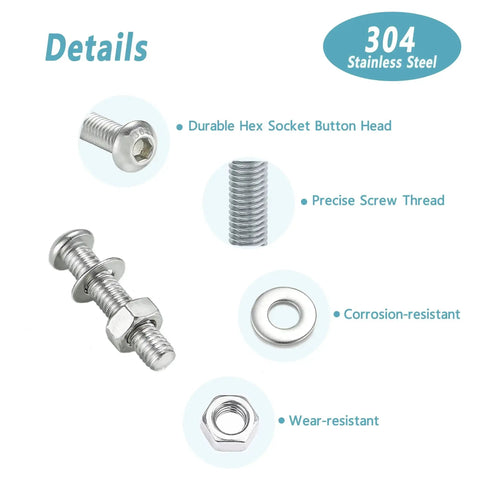 304 Stainless Steel Button Head M5 Screws Kit With 180 Pieces Hex Socket Bolts Nuts And Washers details image