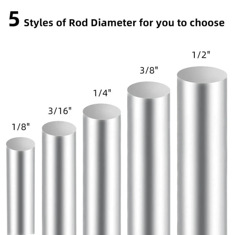 Five stainless steel rods with varying diameters from 1/8" to 1/2" shown, highlighting size options for metalworking projects.