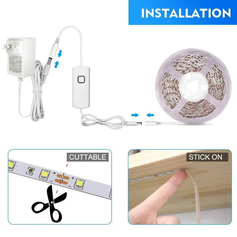 Installation of Under Cabinet LED Lighting Kit With Sixteen Point Four Foot Dimmable Tape Light 1050 Lumen Super Bright Warm White 3000K 2835 SMD LEDs Ten Level Dimming Ideal For Kitchen Cabinets Shelves Counters And Bedroom Decor