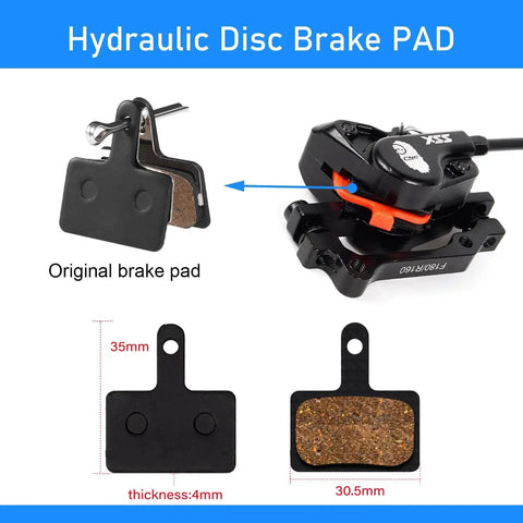 Front view of CNC MTB hydraulic disc brake pad set with caliper; original and replacement pads shown (30.5mm wide, 4mm thick).