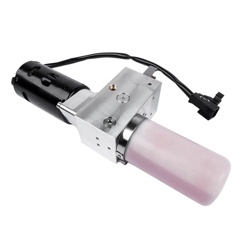 Cadillac Liftgate Pump Replacement 25965861 20853013 25835476 13502688 Fits 2010 2011 2012 2013 2014 CTS Wagon And 2010 2011 2012 2013 2014 2015 2016 SRX Plug And Play Easy Install Durable Hydraulic Liftgate Pump in silver and pink with wiring harness, side view