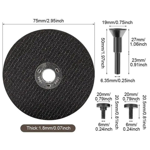 Six Piece Cut Off Wheel Set For Die Grinder With One Quarter Inch Stem Mandrel, 75mm diameter, fiberglass reinforced