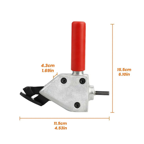 Side view of the Power Drill Sheet Metal Cutter Attachment Beast Mode Heavy Duty Shear with dimensions and red handle