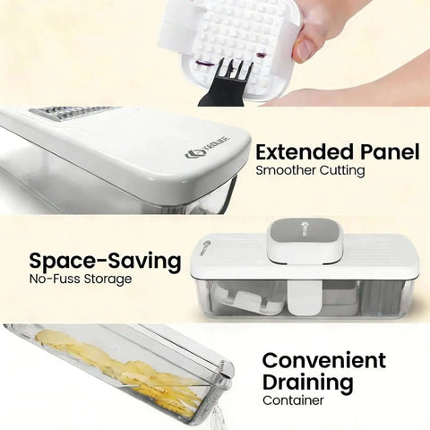Must Have 8 In 1 Vegetable Chopper And Mandoline Slicer With Container And 8 Blades shown in three views: panel, storage, draining