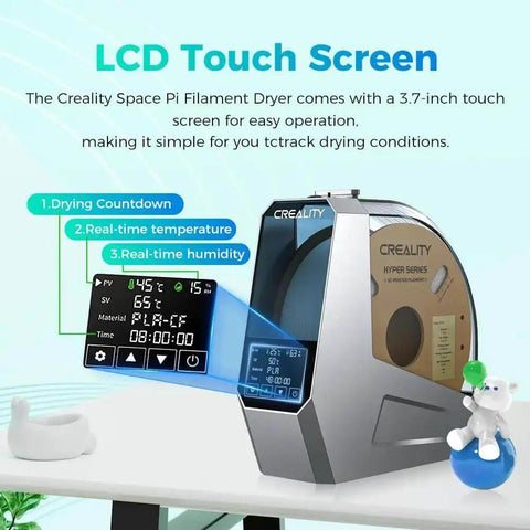Space Pi Filament Dryer All In One 3D Printer Filament Dry Box With LCD touch screen showing drying countdown, temperature, humidity.