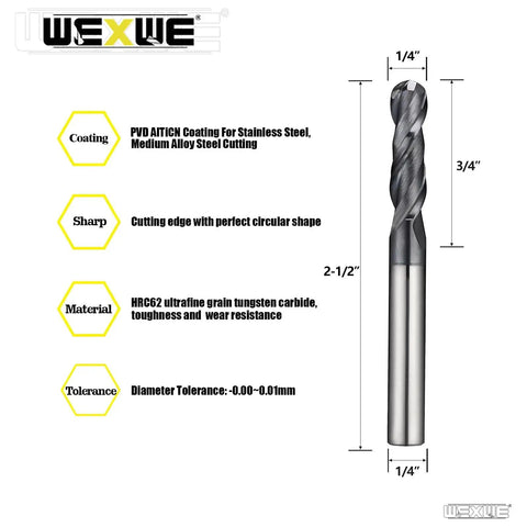 Ball Nose Carbide End Mill Set With MAH Coating For Stainless Steel, Hardened Steels, High Temp Alloys And Medium Alloys, 2 Flute