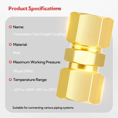 Brass compression tube straight union fitting, 3/4 in OD to 3/4 in OD, 3-pack.