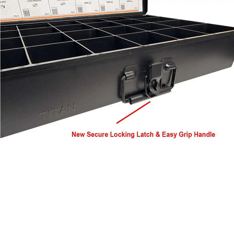 Heavy Duty 24 Compartment Black Metal Drawer Storage Box With Removable Tray, Locking Latch And Cushioned Easy Grip Handle