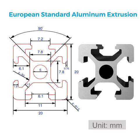 48 Inch T Slot 2020 Aluminum Extrusion Profile for 3D Printer and CNC DIY with dimensions and design details shown