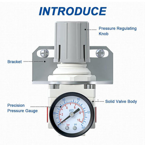 Air pressure regulator AR2000-02 with 0–150 psi gauge, mounted on metal bracket; white body, black bezel