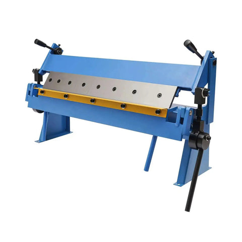 24 Inch Pan And Box Brake Sheet Metal Bender With 0 To 135 Degree Range, shown in blue with removable adjustable fingers for precise metalworking