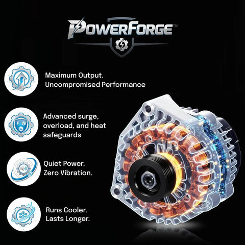 105 Amp 12V Alternator For Chevy GMC Trucks, beefed up heavy duty replacement, featuring rugged housing and TorqueCore rotor.