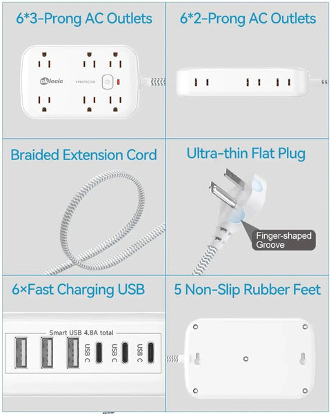 Power Strip With USB and 2100J Surge Protector Five Foot Flat Plug Extension Cord 12 Outlets and 6 USB Ports Including 3 USB C Fast Charging Station 3 Side Outlet Extender Wall Mountable for Tablets Laptops and More showing AC outlets, braided extension cord, flat plug, and USB ports.