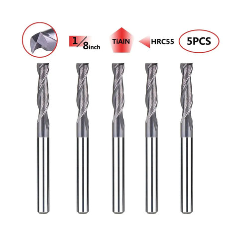Front view of 5-piece 2 Flute Square Nose End Mill For CNC Router One Eighth Inch Shank TiAlN Coated Tungsten Carbide Cutter