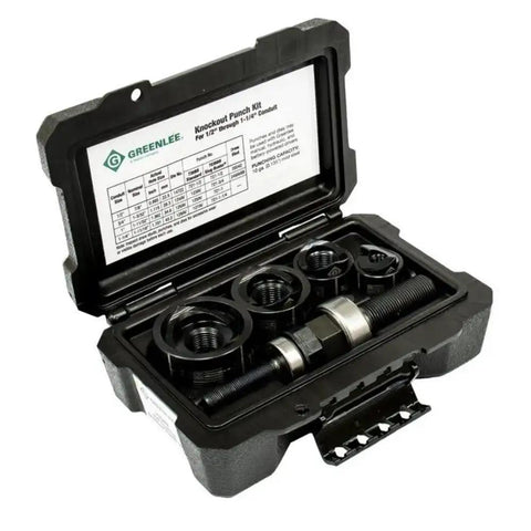Round Knockout Punch Kit One Half To One And One Quarter Inch 735BB Slug Buster in case with knurled grip and draw studs